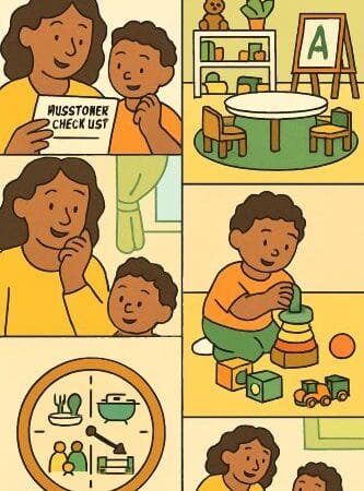 Visual vertical limpo e acolhedor em quatro cenas empilhadas que contam a jornada observarpersonalizarrotinaagir no desenvolvimento infantil em casa Topo Marcos e observação mãe pai ajoelhadoa ao nível dos olhos do bebê checklist simples em mãos ícones de fala mão blocos passos e setas sutis indicando progresso tons suaves e luz natural entrando pela janela Segundo quadro Ambiente preparado sala minimalista com prateleiras baixas poucos e bons brinquedos rotacionados blocos livros massinha tapete definindo o espaço de trabalho etiquetas com pictogramas e banquinho junto à pia Terceiro quadro Rotina que educa família em momentos cotidianos refeição sem telas leitura em voz alta à noite brincadeira ao ar livre pequenos ícones de relógio marcam previsibilidade Base Quando agir close sereno do responsável consultando o celular com checklist de marcos e um balão hora de conversar com o pediatra seta discreta para um consultório ao fundo clima de confiança Paleta cores quentes e calmas terracota verde sálvia azul suave traço ilustrado moderno Tipos de ícone claros sem poluição visual Mensagem geral Observe prepare o lar crie rotina aja cedo com afeto e simplicidade Escola Stella Matutina Visual vertical limpo e acolhedor em quatro cenas empilhadas que contam a jornada observarpersonalizarrotinaagir no desenvolvimento infantil em casa Topo Marcos e observação mãe pai ajoelhadoa ao nível dos olhos do bebê checklist simples em mãos ícones de fala mão blocos passos e setas sutis indicando progresso tons suaves e luz natural entrando pela janela Segundo quadro Ambiente preparado sala minimalista com prateleiras baixas poucos e bons brinquedos rotacionados blocos livros massinha tapete definindo o espaço de trabalho etiquetas com pictogramas e banquinho junto à pia Terceiro quadro Rotina que educa família em momentos cotidianos refeição sem telas leitura em voz alta à noite brincadeira ao ar livre pequenos ícones de relógio marcam previsibilidade Base Quando agir close sereno do responsável consultando o celular com checklist de marcos e um balão hora de conversar com o pediatra seta discreta para um consultório ao fundo clima de confiança Paleta cores quentes e calmas terracota verde sálvia azul suave traço ilustrado moderno Tipos de ícone claros sem poluição visual Mensagem geral Observe prepare o lar crie rotina aja cedo com afeto e simplicidade