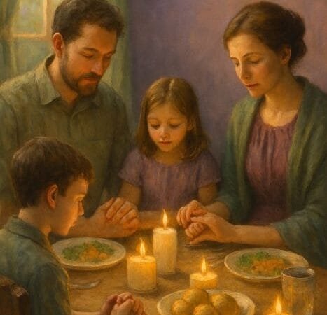 familialugarordemamorhierarquiacampograndems Escola Stella Matutina A imagem mostra uma família reunida à mesa do jantar em um ambiente doméstico aquecido por luz amarela suave que cria sensação de acolhimento e reverência No centro a mesa está simples e arrumada com alimentos básicos e uma vela acesa sugerindo um momento de oração antes da refeição Os pais estão com as mãos unidas ou pousadas sobre a mesa cabeças levemente inclinadas enquanto as crianças imitam o gesto com atenção serena Ao fundo elementos discretos evocam o tema litúrgico tons sutis de roxovermelhobranco em pequenos detalhes guardanapo vela toalha remetendo ao calendário da Igreja O enquadramento vertical 916 reforça a intimidade do espaço com foco no círculo familiar e na prática simples da fé no lar a Igreja doméstica num clima de domingo roupas cuidadas mesa caprichada e um silêncio respeitoso que antecede a oração