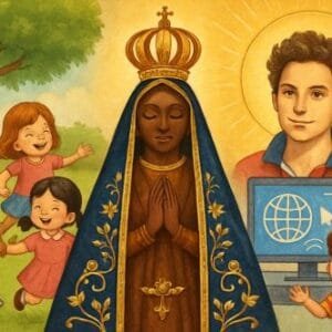 Esta imagem é uma composição visual que celebra os três grandes eventos do dia 12 de outubro no Brasil No centro destacase a figura de Nossa Senhora Aparecida padroeira do país simbolizando a fé e o feriado nacional Ao seu redor a alegria do Dia das Crianças é representada por elementos lúdicos e infantis Completando a tríade uma imagem fiel e realista do Beato Carlo Acutis homenageia o jovem cuja trajetória de santidade foi marcada por um milagre ocorrido nesta mesma data em solo brasileiro unindo tradição celebração popular e fé contemporânea Escola Stella Matutina Esta imagem é uma composição visual que celebra os três grandes eventos do dia 12 de outubro no Brasil No centro destaca se a figura de Nossa Senhora Aparecida padroeira do país simbolizando a fé e o feriado nacional Ao seu redor a alegria do Dia das Crianças é representada por elementos lúdicos e infantis Completando a tríade uma imagem fiel e realista do Beato Carlo Acutis homenageia o jovem cuja trajetória de santidade foi marcada por um milagre ocorrido nesta mesma data em solo brasileiro unindo tradição celebração popular e fé contemporânea