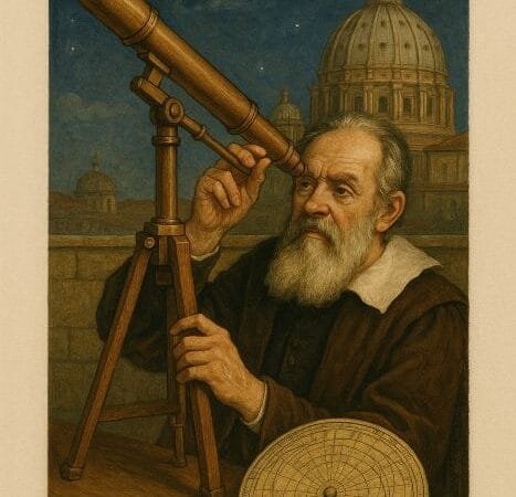 Galileu o céu e a cidade um olhar que mudou tudo Escola Stella Matutina Ilustração vertical 916 com Galileu segurando um telescópio diante da cúpula de São Pedro ao fundo um planisfério centralizado em moldura 11